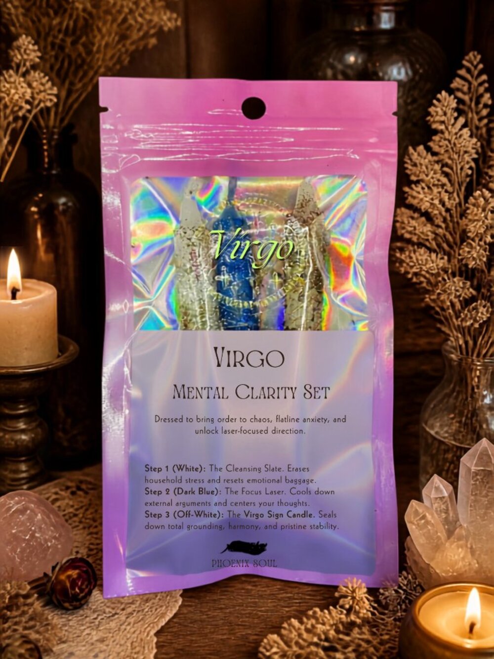 Boho Virgo Mental Clarity Dressed Spell Candle Set 3pc Chime